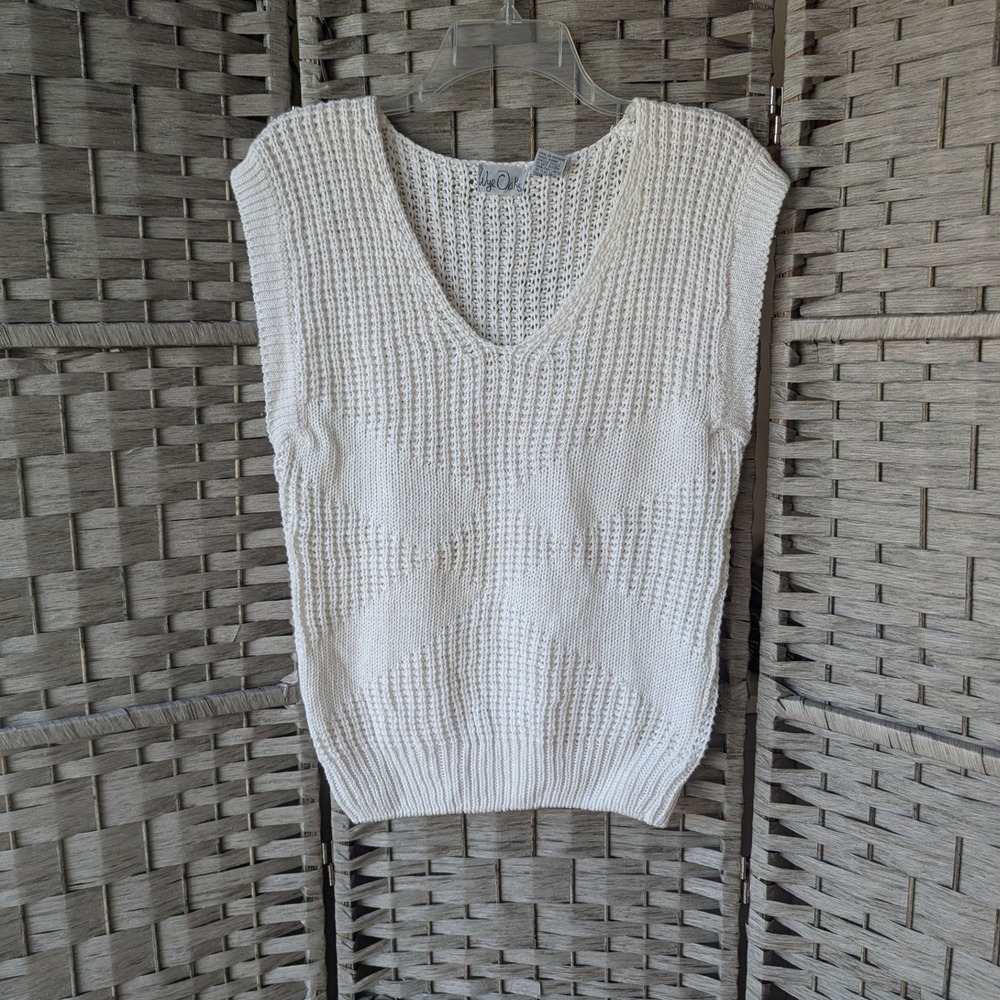 Vtg Wye Oaks Sweater Vest White Ramie Cotton Knit VNeck Womens L Soft Girl Boho